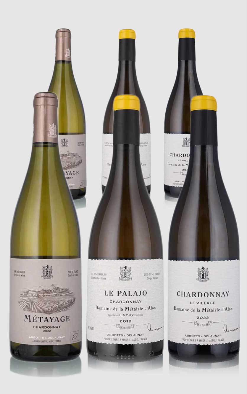 Smagekasse med 3 forskellige Abbotts & Delaunay chardonnay hvidvine. I alt 6 flasker.